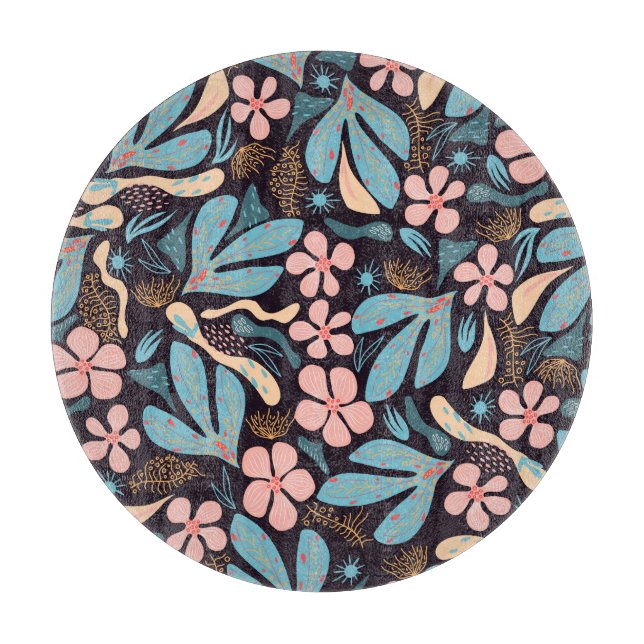 Coral Blue Floral Dark Print Schneidebrett (Vorderseite)