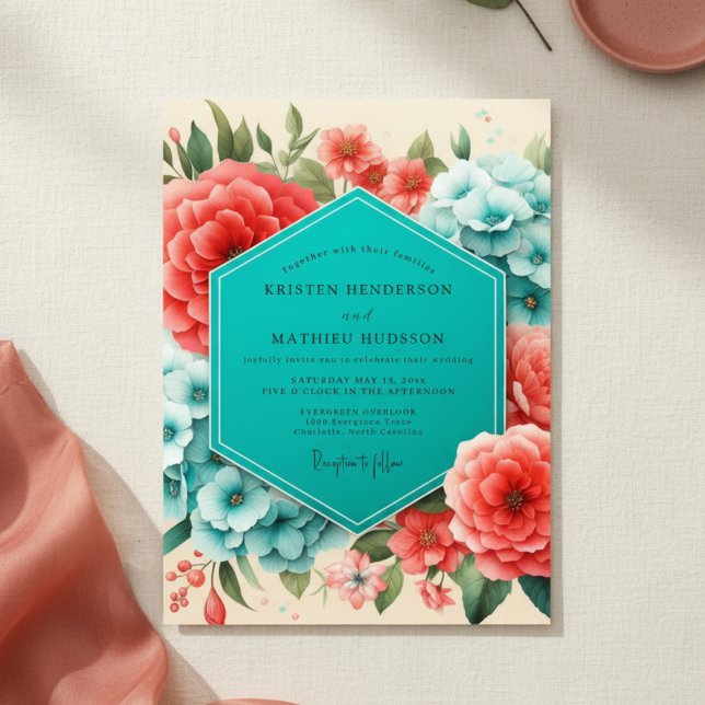 Coral Blue Floral Romance Wedding Einladung (Von Creator hochgeladen)