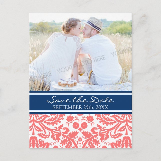 Coral Blue Foto Save the Date Hochzeitskarten Ankündigungspostkarte (Vorderseite)