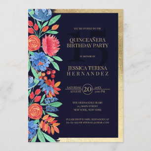 Coral Blue Gold Floral Watercolor Quinceñera Einladung