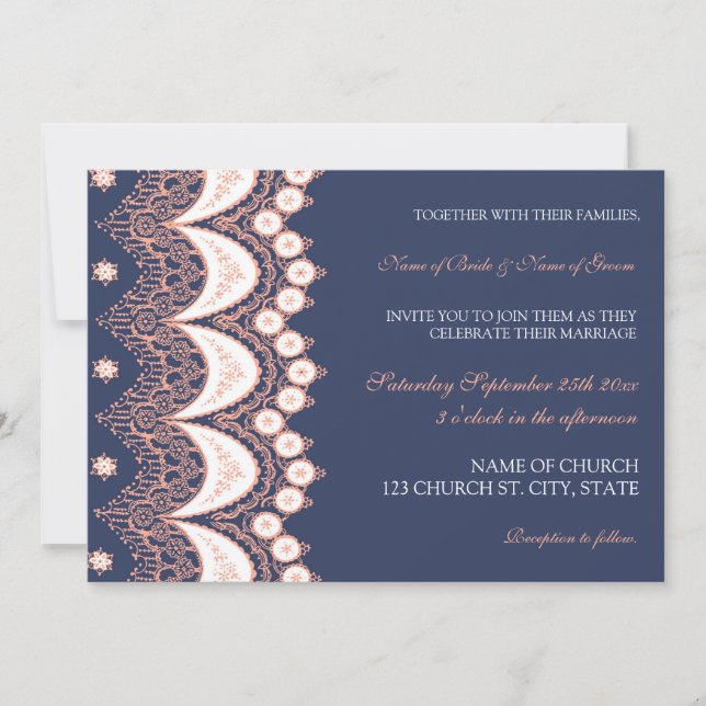 Coral Blue Lace Muster Hochzeitskarten Einladung (Vorderseite)