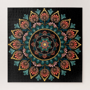 Coral Blue Mandala, Sacred Geometry Boho Ethnic Puzzle