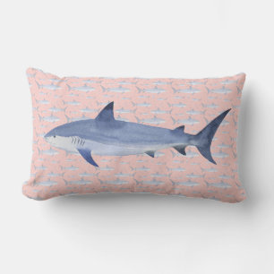 Coral & Blue Watercolor Monogram Shark Print Lendenkissen