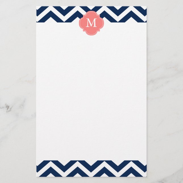 Coral & Blue Zigzags Muster Monogram Briefpapier (Vorderseite)