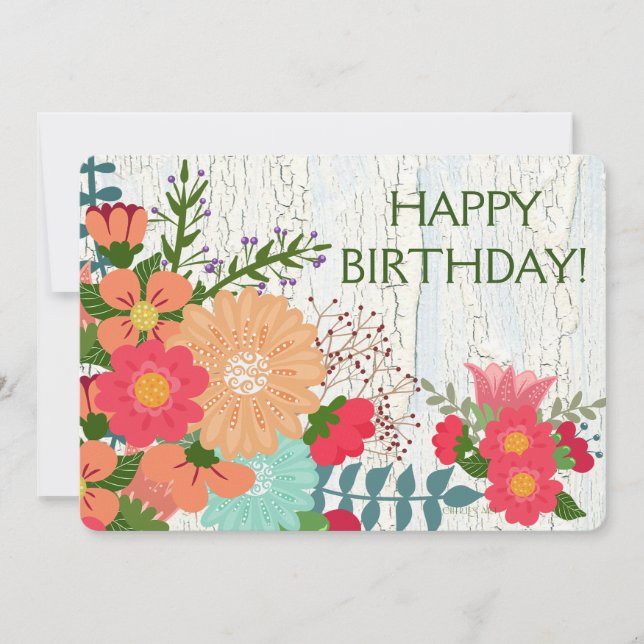 Coral Blume, Crackle Paint, Happy Birthday Card Karte (Vorderseite)