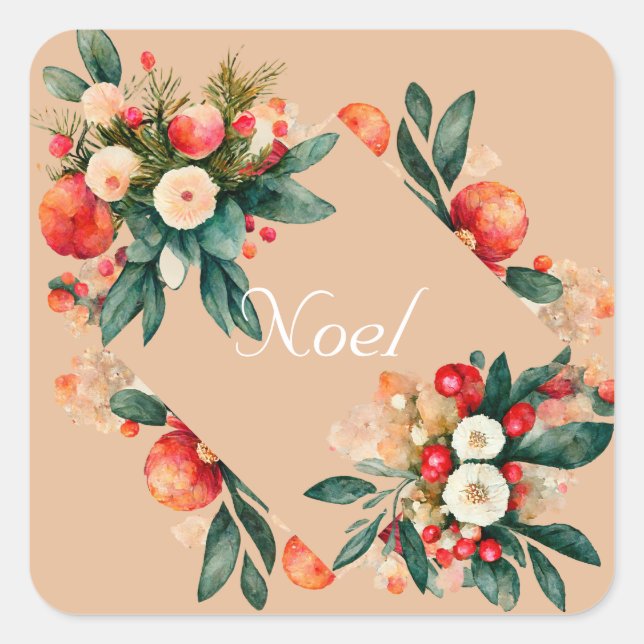 Coral-Blume und Obstweihsticker Quadratischer Aufkleber (Vorderseite)