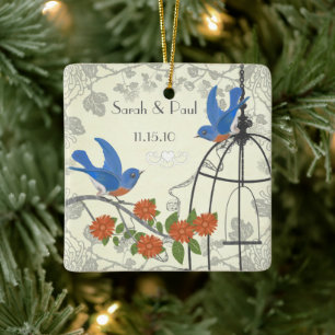 Coral Blume Vintag Bluebirds Wedding BirdCage Keramikornament