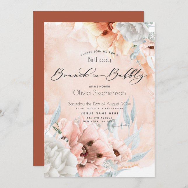Coral Blush Brunch Bubbly Birthday Einladung (Vorne/Hinten)