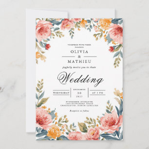 Coral Blush Floral Romance Wedding Einladung