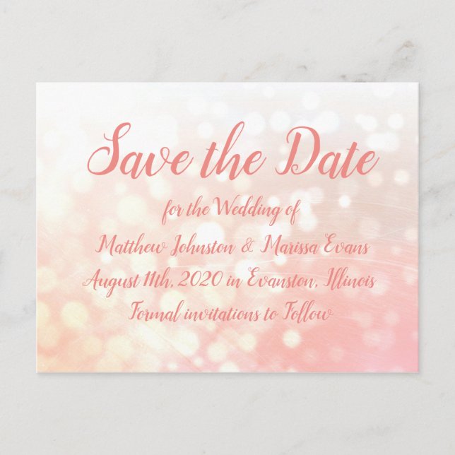 Coral Bokeh Personalisiert Save the Date Postkarte (Vorderseite)