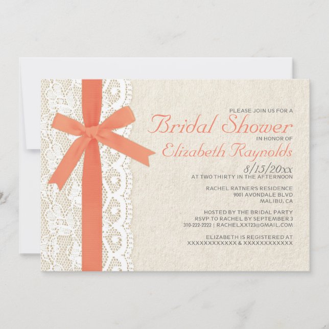Coral Bow & Lace Bridal Dusche Einladungen (Vorderseite)