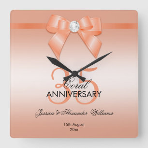 Coral Bow & Ribbon 35. Hochzeitstag Quadratische Wanduhr