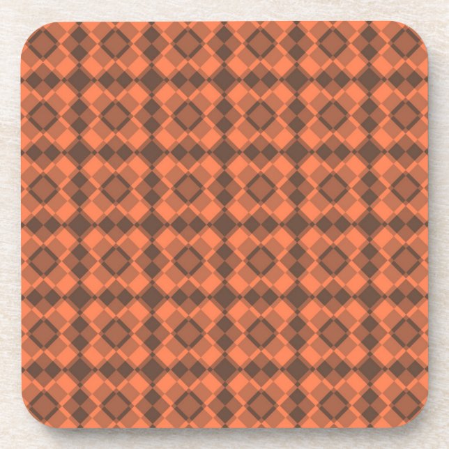 Coral Brown Checker Argyle Pattern Getränkeuntersetzer (Vorderseite)