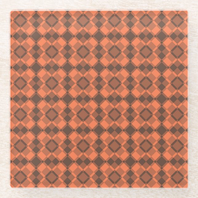 Coral Brown Checker Argyle Pattern Glasuntersetzer (Vorderseite)