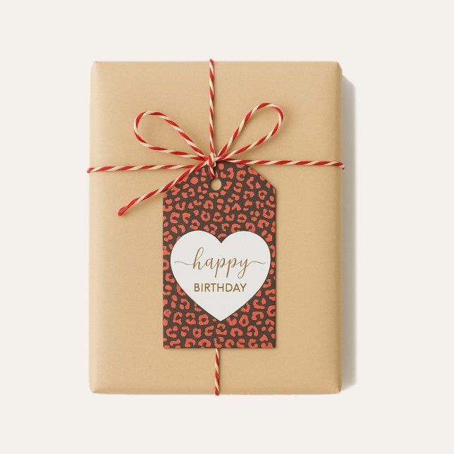 Coral Brown Leopard Print Heart Happy Birthday  Geschenkanhänger (Gift Tag)