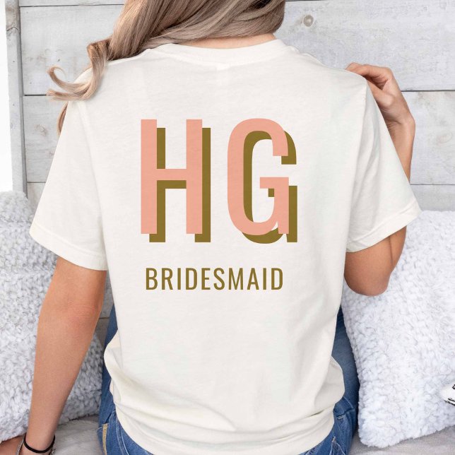 Coral + Brown Monogram Wedding Party Bridesmaid T-Shirt (Coral + Brown shown on Natural t-shirt.)