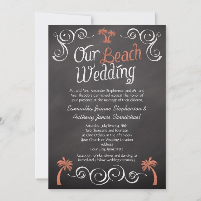 Coral Chalkboard Script Beach Wedding Einladung (Vorderseite)