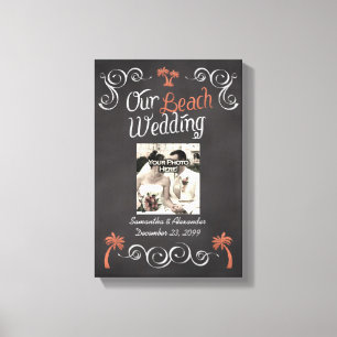 Coral Chalkboard Script Beach Wedding Leinwanddruck