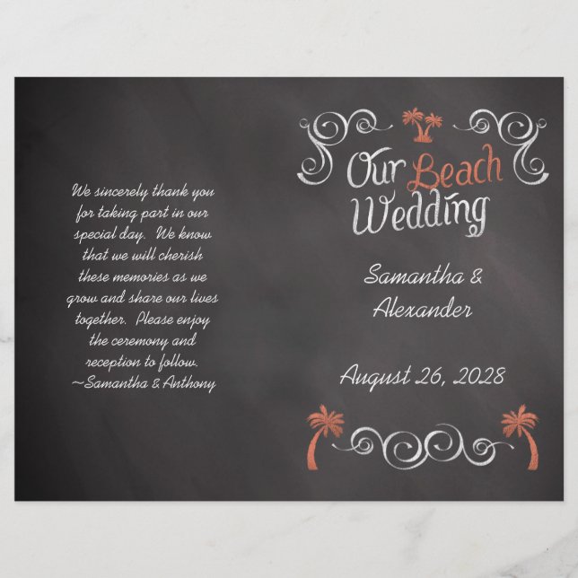 Coral Chalkboard Script Beach Wedding Program (Vorderseite)