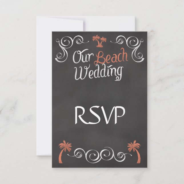 Coral Chalkboard Script Beach Wedding RSVP Karte (Vorderseite)