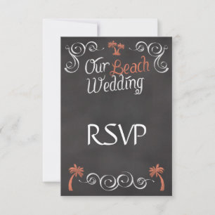 Coral Chalkboard Script Beach Wedding RSVP Karte
