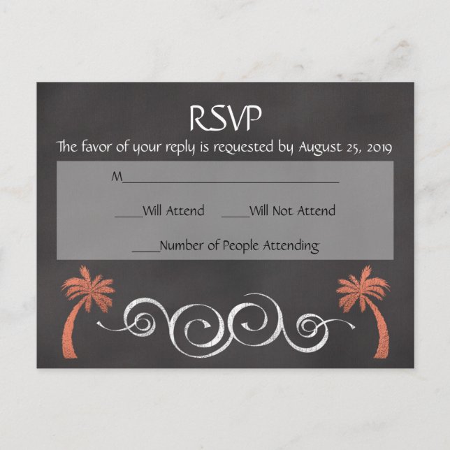 Coral Chalkboard Script Beach Wedding UAWG Antwort Einladungspostkarte (Vorderseite)