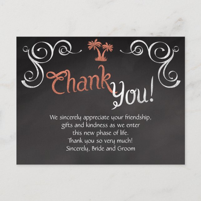 Coral Chalkboard Script Beach Wedding Vielen Dank Postkarte (Vorderseite)