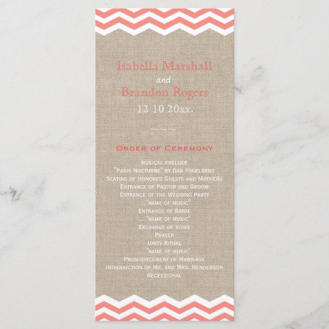 Coral Chevrons über das Hochzeitsprogramm von Burl Programm (Vorderseite)