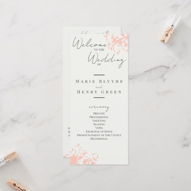 Coral & Cream Filigree Elegantes Hochzeitsprogramm (Vorderseite/Rückseite Beispiel)