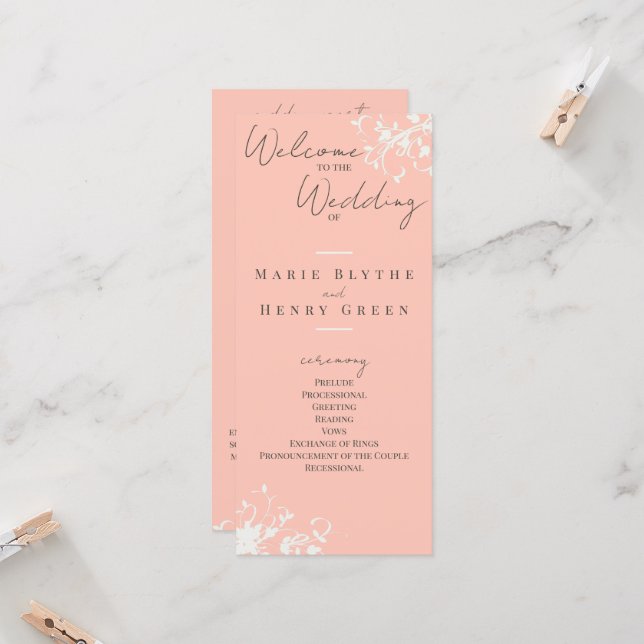 Coral & Cream Filigree Elegantes Hochzeitsprogramm (Vorderseite/Rückseite Beispiel)