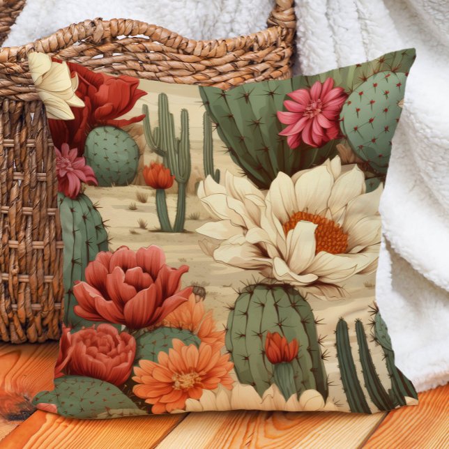 Coral Cream Red Floral Green Cactus Desert Garden Kissen (Desert cactus and succulents pillow)