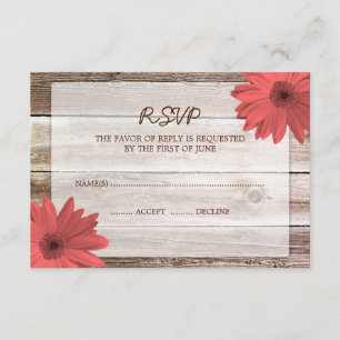 Coral Daisy Barn Wood Wedding RSVP Response Card Karte