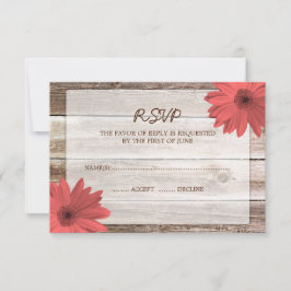 Coral Daisy Barn Wood Wedding RSVP Response Card Karte