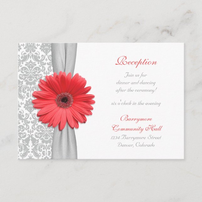 Coral Daisy Gray Damask Wedding Empfang Card Begleitkarte (Vorderseite)