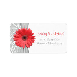 Coral Daisy Gray Damask Wedding Rücksendeadresse Adressaufkleber