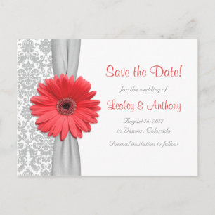 Coral Daisy Gray Damask Wedding Save the Date Ankündigungspostkarte
