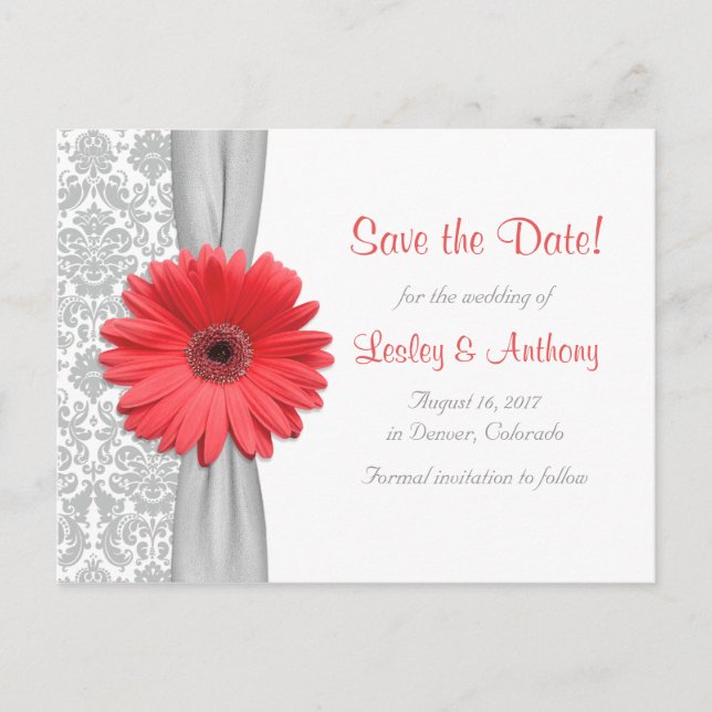 Coral Daisy Gray Damask Wedding Save the Date Ankündigungspostkarte (Vorderseite)