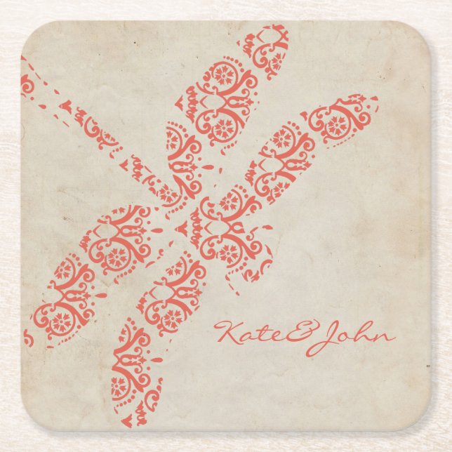 Coral Damask Dragonfly Wedding Rechteckiger Pappuntersetzer (Vorderseite)