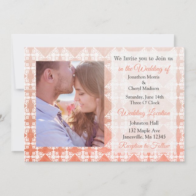 Coral Damask Foto Wedding Invites Einladung (Vorderseite)