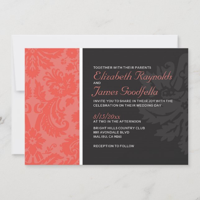 Coral Damask Hochzeitseinladungen Einladung (Vorderseite)