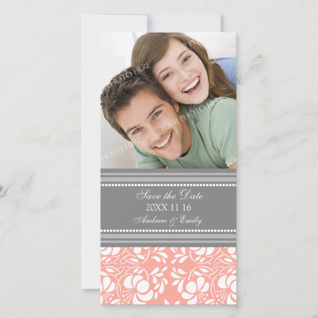 Coral Damask Save the Date Hochzeitsfotokarten (Vorderseite)