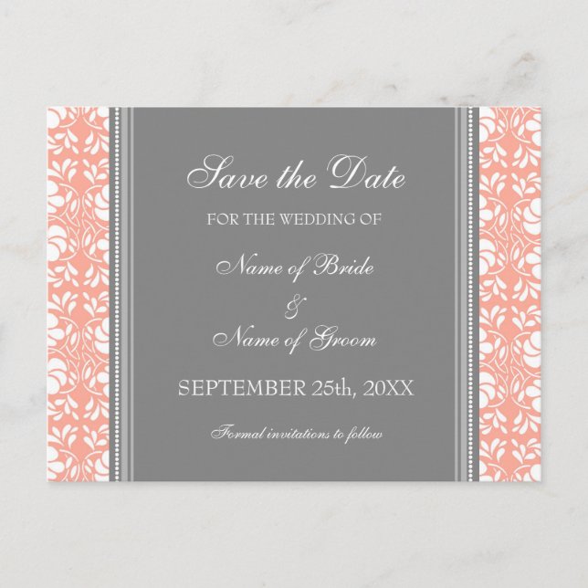Coral Damask Save the Date Hochzeitskarten Ankündigungspostkarte (Vorderseite)