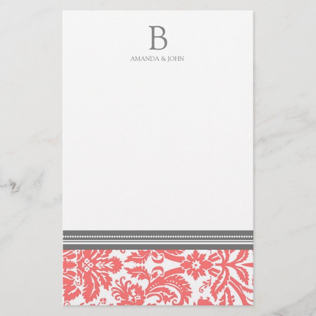 Coral Damask Wedding Monogram Stationery Briefpapier (Vorderseite)
