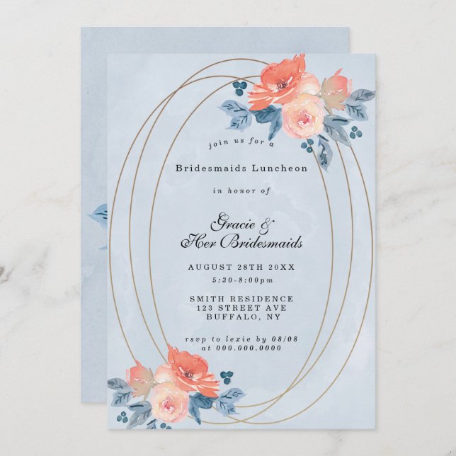 Coral Dusty Blue Gold Bridesmaids Luncheon Invites (Vorne/Hinten)