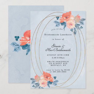 Coral Dusty Blue Gold Bridesmaids Luncheon Invites