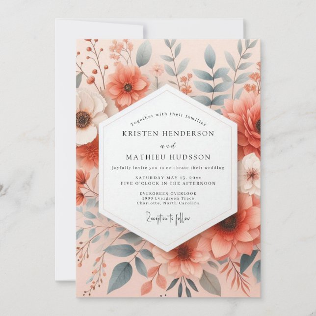 Coral Ethereal Bloom Wedding Einladung (Vorderseite)