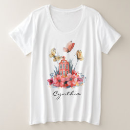 Coral Fairytale House Blume & Schmetterlinge Große Größe T-Shirt