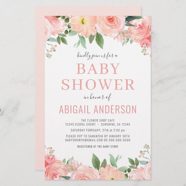 Coral Floral Baby Dusche Budget Einladung (Vorne/Hinten)