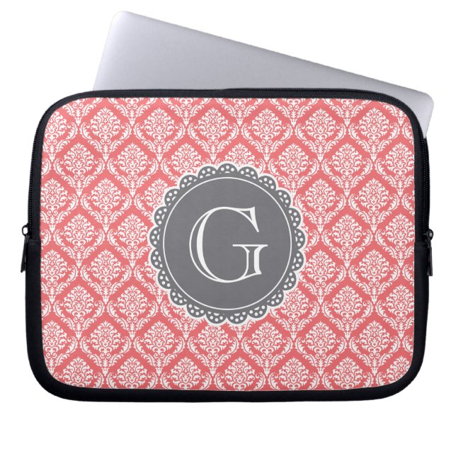 Coral Floral Damask Muster Grau Monogramm Laptopschutzhülle (Vorderseite)