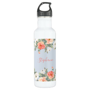 Coral Floral Dusty Blue Personalisiert Edelstahlflasche